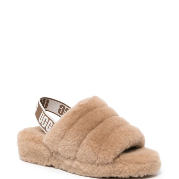 UGG Tan Plush Slide Slippers with Fuzzy Texture - Picture 1 of 8